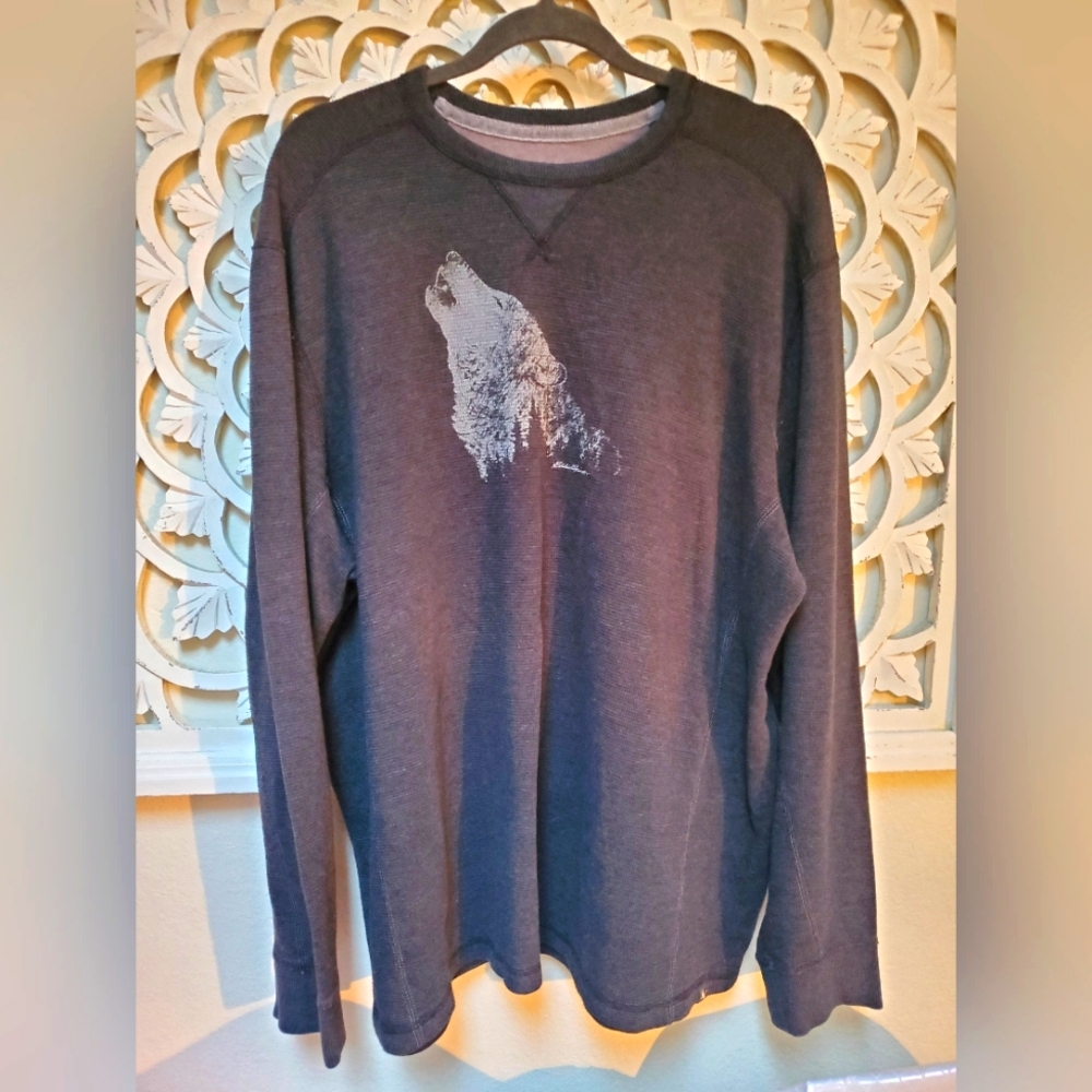 Mens 2X Eddie Bauer Wolf Graphic Thermal Top Navy Blue